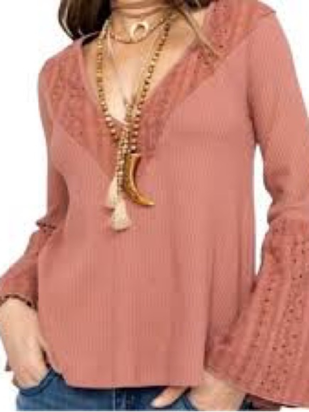 Free People Parisian Nights Blouse Mauve Bell Sleeve Boho Top - S 19” P2P